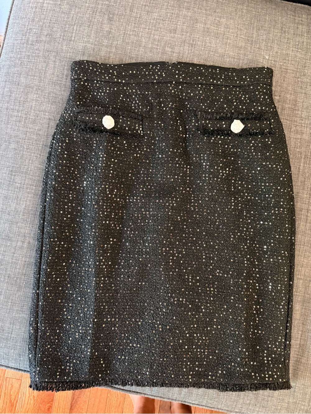 Ann Taylor Sequin Black Tweed Pencil Skirt with Crystal Accent Buttons NWT